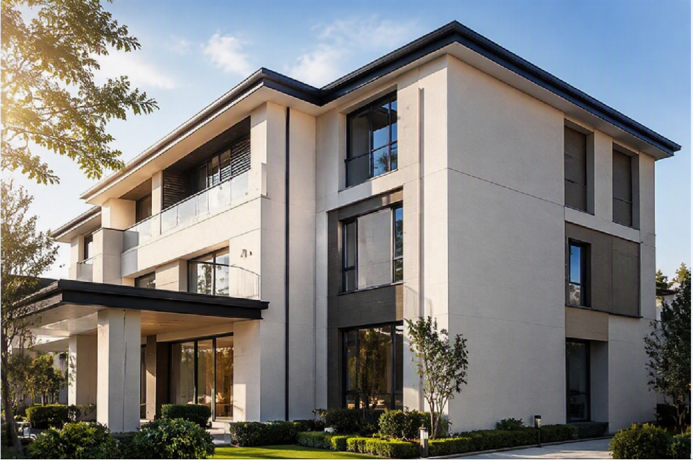 Completed building envelope protected with a hollow glass microsphere enhanced thermal insulation coating system.